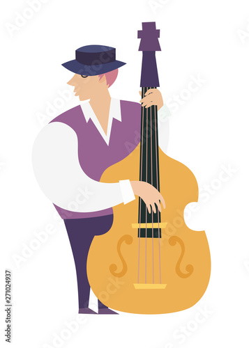 Contrabassist player vector colorful illustration. Contrabassist player characters cartoon flat style. Isolated on white background