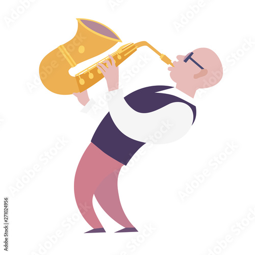 Saxophone player vector colorful illustration. Saxophone player characters cartoon flat style. Isolated on white background