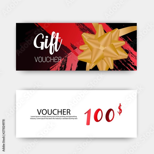 Luxury gift vouchers set. Red and golden color design, on white background. Vector illustration EPS10.