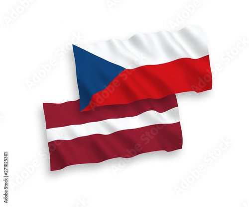 National vector fabric wave flags of Latvia and Czech Republic isolated on white background. 1 to 2 proportion.