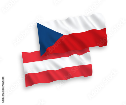 National vector fabric wave flags of Austria and Czech Republic isolated on white background. 1 to 2 proportion.