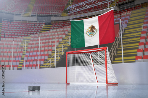 Flag of Mexico in hockey arena with puck and net