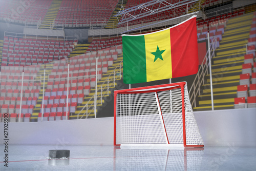 Flag of Senegal in hockey arena with puck and net