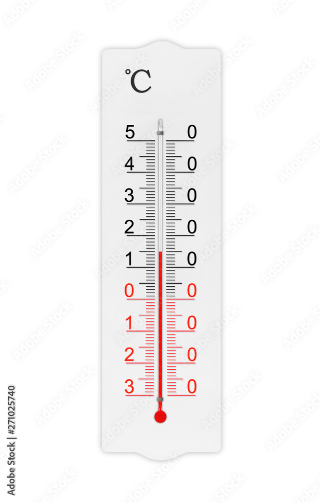 Celsius scale thermometer for measuring weather heat and cold. Thermometer isolated on white background. Ambient temperature plus 15 degrees