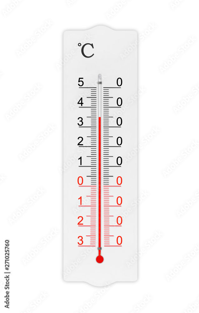 Celsius scale thermometer for measuring weather heat and cold. Thermometer isolated on white background. Ambient temperature plus 35 degrees