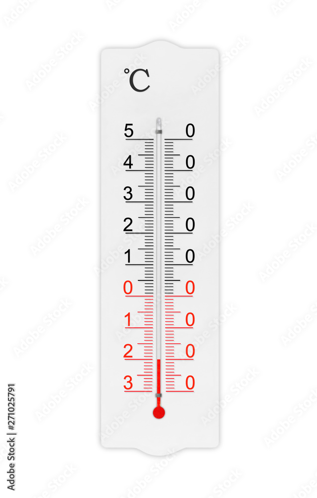 Celsius scale thermometer for measuring weather heat and cold. Thermometer isolated on white background. Ambient temperature minus 20 degrees