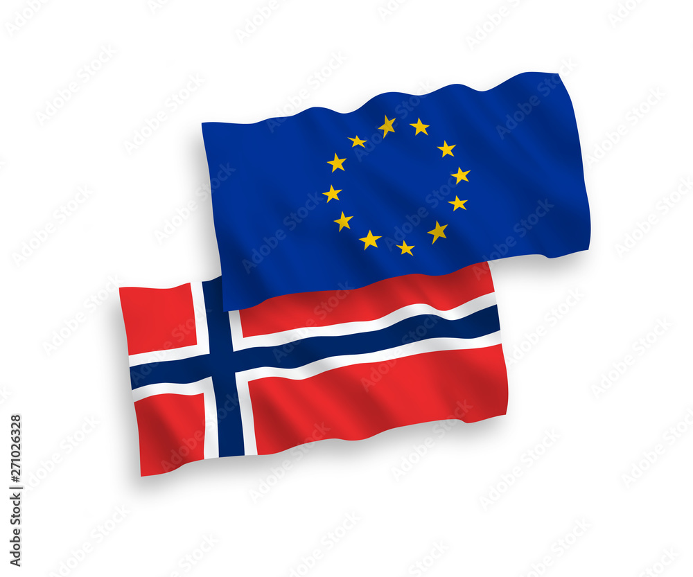 National vector fabric wave flags of Norway and European Union isolated on white background. 1 to 2 proportion. National vector fabric wave flags of Norway and European Union isolated on white background. 1 to 2 proportion.