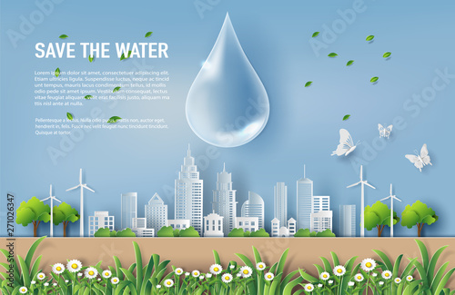 World water day concept, water drop with tree and city, paper art and craft style, flat-style vector illustration.