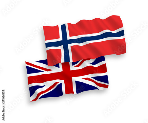 National vector fabric wave flags of Norway and Great Britain isolated on white background. 1 to 2 proportion.