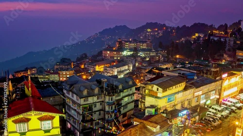 Day to Night, Time-lapse,  Darjeeling city view from high angle shot , West Bengal, India, zoom out., Zoom out.