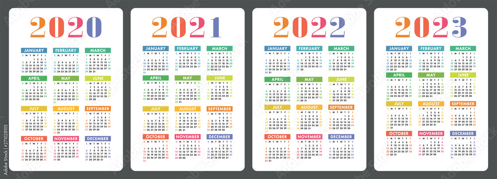 Calendar 2020 2021 2022 And 2023 English Colorful Vector Set