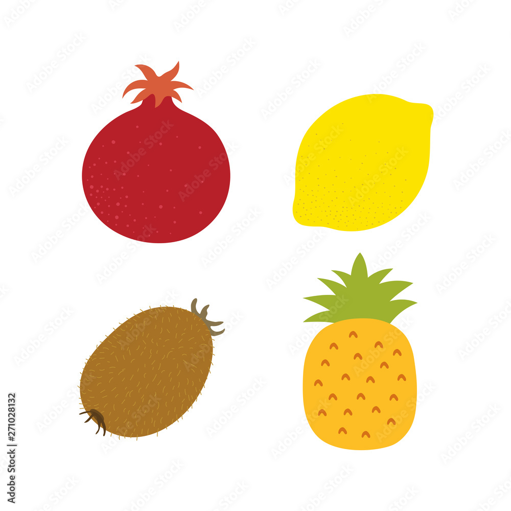 Exotic fruits. Garnet, lemon, kiwi and pineapple. Hand drawn doodle vector sketch. Summer sweet food Exotic fruits. Garnet, lemon, kiwi and pineapple. Hand drawn doodle vector sketch. Summer sweet food