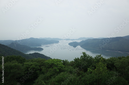 日本の美しい山から見た海の景色