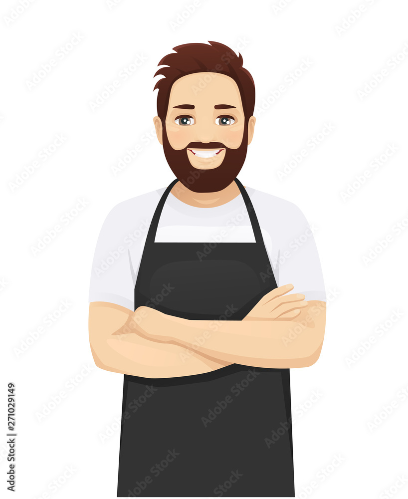Handsome man in black apron standing with arms crossed isolated vector illustration Handsome man in black apron standing with arms crossed isolated vector illustration