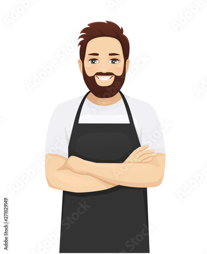 Handsome man in black apron standing with arms crossed isolated vector illustration