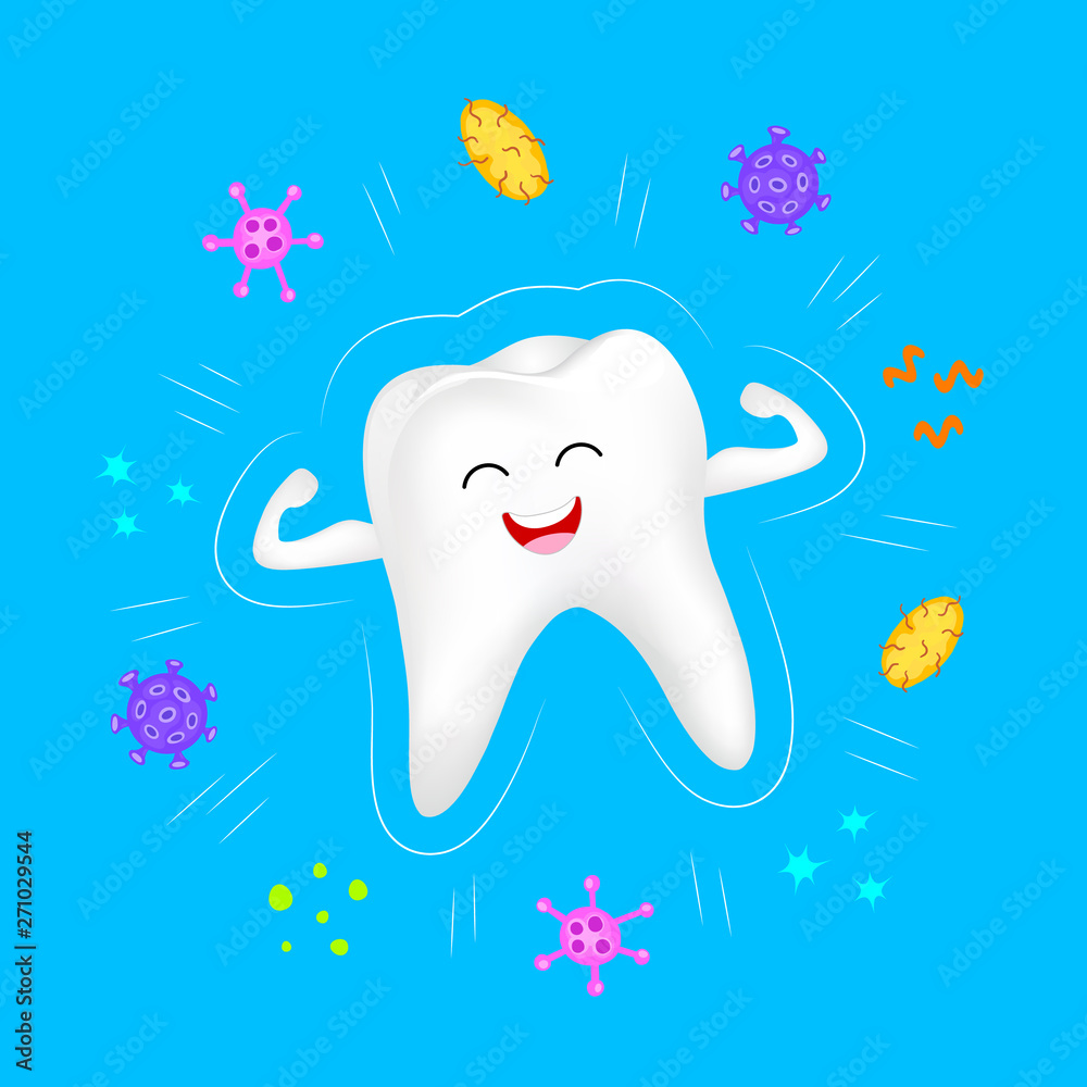 Cute cartoon tooth character flexing arms forming a shield as a protection against viruses and bacteria. Dental care concept. Illustration isolated on blue background.