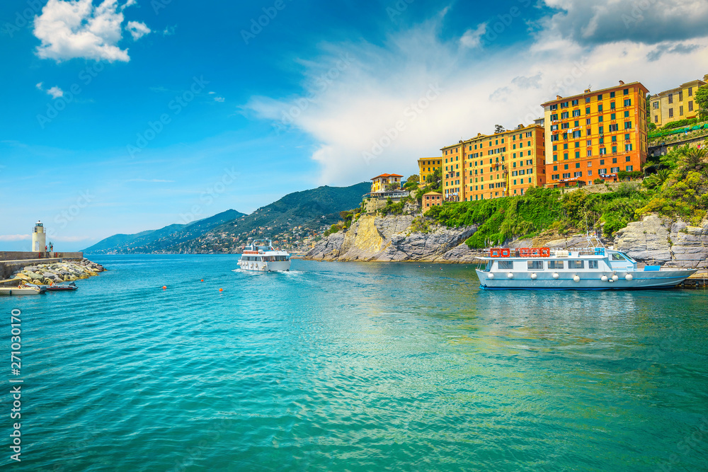 Mediterranean bay with touristic boats, Camogli resort, Liguria, Italy, Europe