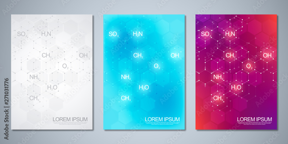 Template brochure or cover with abstract chemistry background of chemical formulas and molecular structures. Science and innovation technology concept.