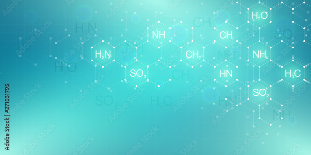 Abstract chemistry pattern on green background with chemical formulas and molecular structures. Science and innovation technology concept. Abstract chemistry pattern on green background with chemical formulas and molecular structures. Science and innovation technology concept.