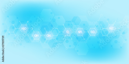 Abstract chemistry pattern on light blue background with chemical formulas and molecular structures. Science and innovation technology concept.