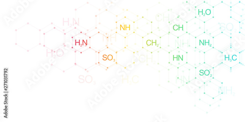 Abstract chemistry pattern on clean white background with chemical formulas and molecular structures. Science and innovation technology concept.