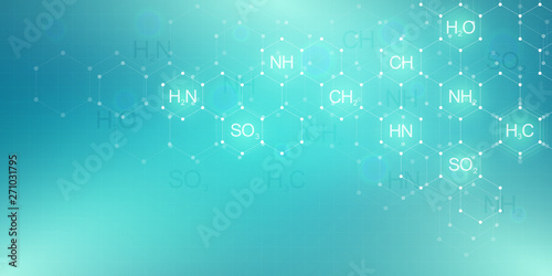 Abstract chemistry pattern on green background with chemical formulas and molecular structures. Science and innovation technology concept.