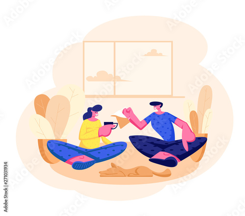 Young Loving Couple Sitting on Couch in Living Room Drinking Tea. Male, Female and Dog Characters Together on Weekend Evening. Love, Leisure, Family Sparetime, Day Off Cartoon Flat Vector Illustration