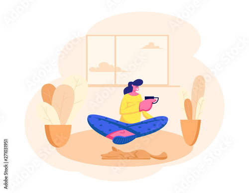 Young Woman Sitting on Floor with Cup of Tea or Coffee in Hand at Home. Female Character Visiting Friend, Relaxing after Work, Having Leisure, Sparetime Drink Beverage Cartoon Flat Vector Illustration