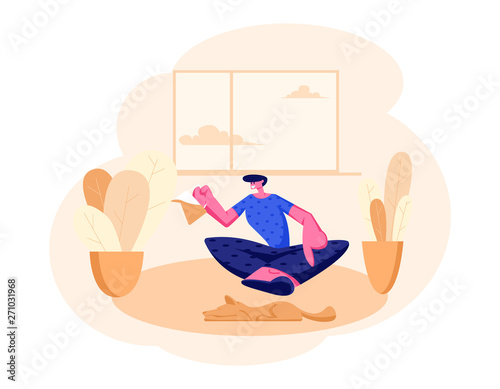 Smiling Man Sitting on Floor with Tea Pot in Hands at Home Domestic Interior