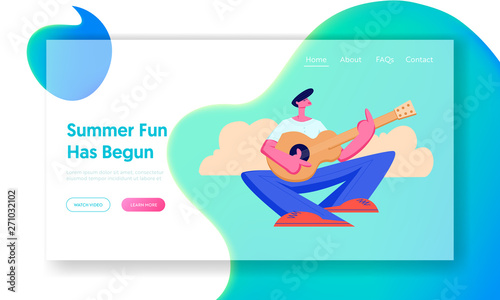 Man Singing Songs and Playing Guitar. Outdoors Sparetime in Picnic, Summer Camp or City Park. Summertime Leisure, Vacation Website Landing Page, Web Page. Cartoon Flat Vector Illustration, Banner