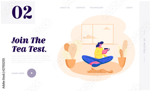 Young Woman Sitting on Floor with Cup of Tea or Coffee in Hand at Home Visit Friend, Relaxing Leisure, Sparetime Drink Beverage Website Landing Page, Web Page. Cartoon Flat Vector Illustration, Banner