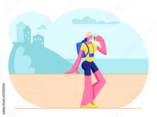 Tourist Girl with Photo Camera and Backpack Stand at Parapet Eating Ice Cream in Hot Weather Enjoying Beautiful Seascape and Landscape