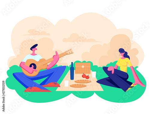 Happy Couple of Male and Female Characters Dating Outdoors on Picnic. Declaration of Love, Young Man Playing Guitar, Singing Song to Girl, Romantic Relations, Meeting Cartoon Flat Vector Illustration © Sergii Pavlovskyi