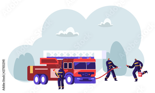 Firemen Team near Fire Fighter Truck Holding Axe in Hands Spraying Water from Hose, Bringing Water in Bucket Ready to Fight with Blaze. Firefighter Profession, Job. Cartoon Flat Vector Illustration