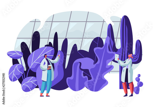 Botanist Scientists in Greenhouse with Gadgets and Test Tubes Learning Exotic and Rare Plants Species. Agriculture, Farming Industry, Botany Science Investigations. Cartoon Flat Vector Illustration