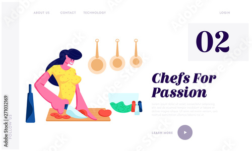 Woman Chopping Vegetables Cooking on Kitchen at Home Preparing Delicious and Healthy Food for Dating or Dinner, Spare Time. Website Landing Page, Web Page. Cartoon Flat Vector Illustration, Banner
