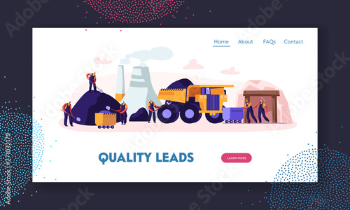 Coal Mining. Miners Working on Quarry with Tools, Transport and Technique. Extraction Industry. Work Equipment, Transportation Website Landing Page, Web Page. Cartoon Flat Vector Illustration, Banner