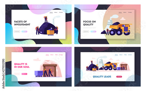 Coal Mining Website Landing Page Set. Miners Working on Quarry with Tools, Transport and Technique. Equipment, Transportation, Extraction Industry Web Page. Cartoon Flat Vector Illustration, Banner