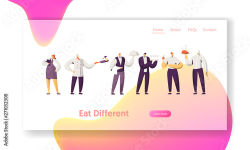 Restaurant Staff in Uniform. Administrator with Notebook, Chief in Toque, Waiter Holding Tray with Dish Under Silver Cloche Lid Website Landing Page, Web Page. Cartoon Flat Vector Illustration, Banner