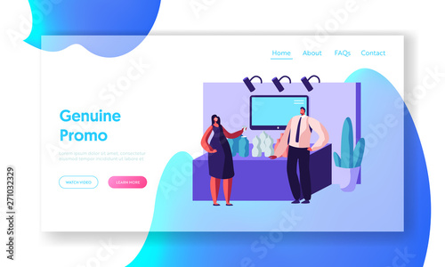 Man Stand Beside Commercial Promotional Stand at Trade Fair Trying Drinking Product Samples, Talking to Consultant or Promoter Website Landing Page, Web Page