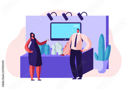 Man Trying Drinking Product Samples, Talking to Consultant or Promoter Beside Commercial Promotional Stand at Trade Fair or Expo Exhibition Promo Kiosk, Advertising. Cartoon Flat Vector Illustration