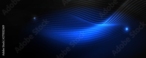 Smoky glowing waves in the dark. Dark abstract background with neon color light and wavy lines. Vector