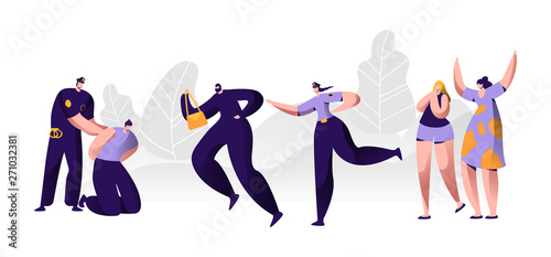 Police Officers at Work. Policeman Putting Handcuffs on Offender Hands, Woman Character Catching Up Thief to Arrest, Criminal Steal Bag from Victim , Witness Cry Help. Cartoon Flat Vector Illustration