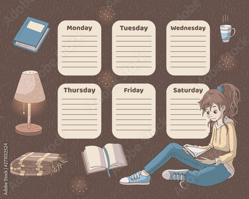 Timetable for school. Weekly planner template with cartoon girl, books, reading lamp and plaid on brown background. Vector illustration.
