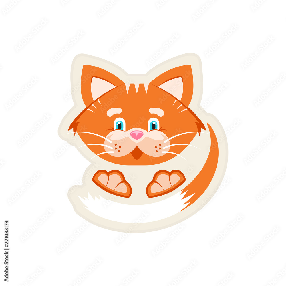 Fototapeta premium Vector illustration. Stker. Orange cat with a big face, tail and paws. White background. Cartoon character for printing on children's clothing, veterinary products, pet food. Print for t-shirts.