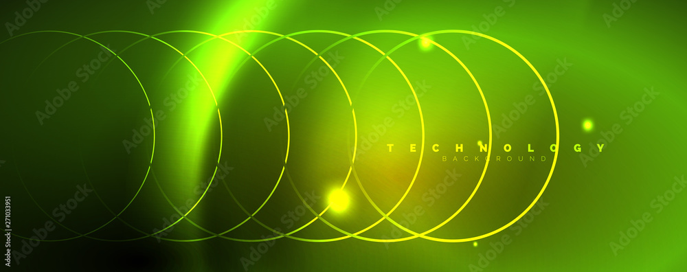 Bright neon circles and wave lines, glowing shiny background design template, digital techno concept. Bright neon circles and wave lines, glowing shiny background design template, digital techno concept.