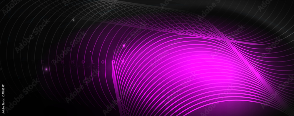 Fototapeta premium Dark abstract background with bright color neon lights and lines. Glowing background