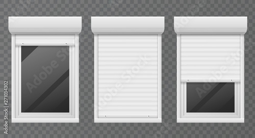 Rolling shutters. Windows roller blind metal frame, white jalousie, facade house safety office window vector set