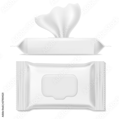 Napkin pack. Antibacterial packs, wet wipes hygiene paper hand napkin makeup clean mockup packing template, realistic vector design
