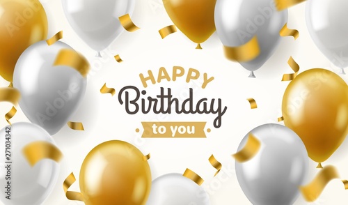Balloons birthday. Happy congratulation celebrating anniversary luxury party shiny gold silver balloon banner poster, vector template